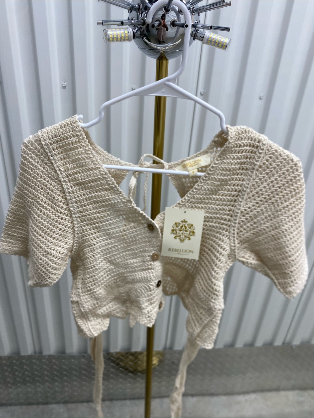 Rebellion Cream Crochet Tie-Back Short-Sleeve Cardigan
